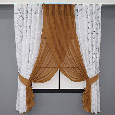 Кухонні шторки (400х170см.) комбіновані. Колір білий з коричневим. Код 111к 52-0761