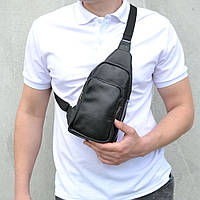 Стильная мужская сумка - бананка, слинг нагрудная из натуральной кожи на BG-600 молнии чёрная sss