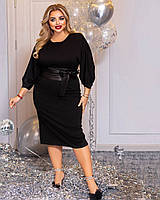Элегантное трикотажное платье черного цвета с поясом (L, XL, XXL)