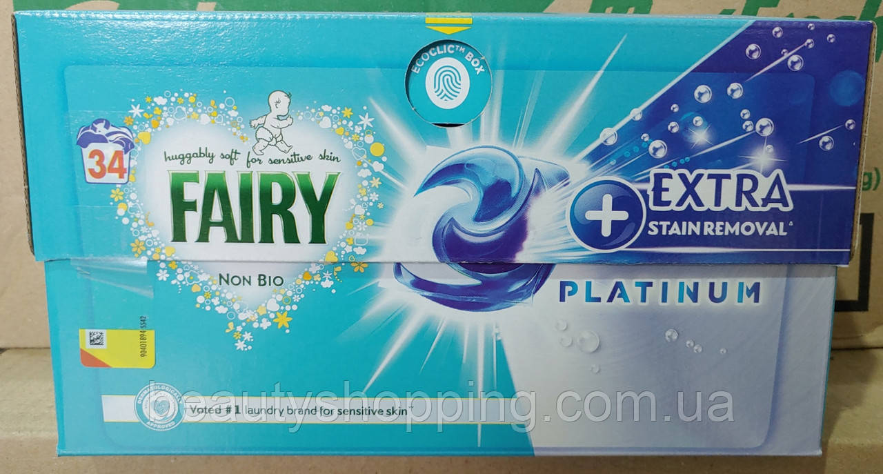 Fairy Platinum Extra+ Non Bio pods капсули гіпоалергенні для прання дитячих речей 3-х компонентні 34 штуки