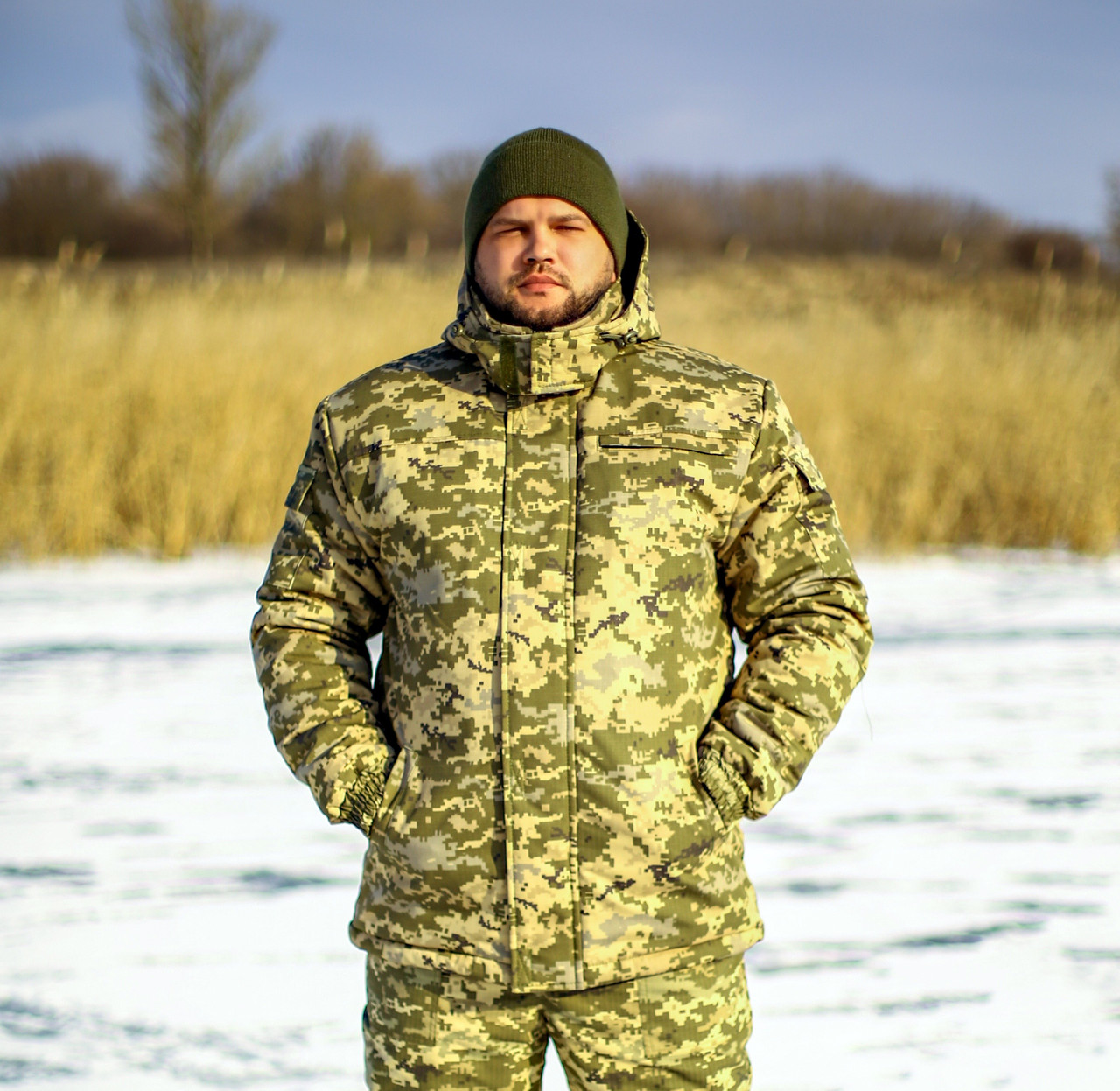Зимова куртка для риболовлі та полювання "Арктика" камуфляж піксель (ріп-стоп)