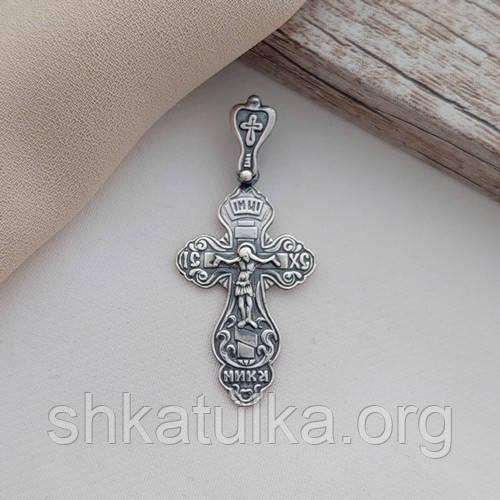 Хрестик срібний з розп'яттям Ісуса написом Врятуй і Збережи чорніння
