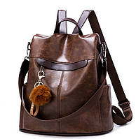 Женский рюкзак сумка с меховым брелком Темно-Коричневый