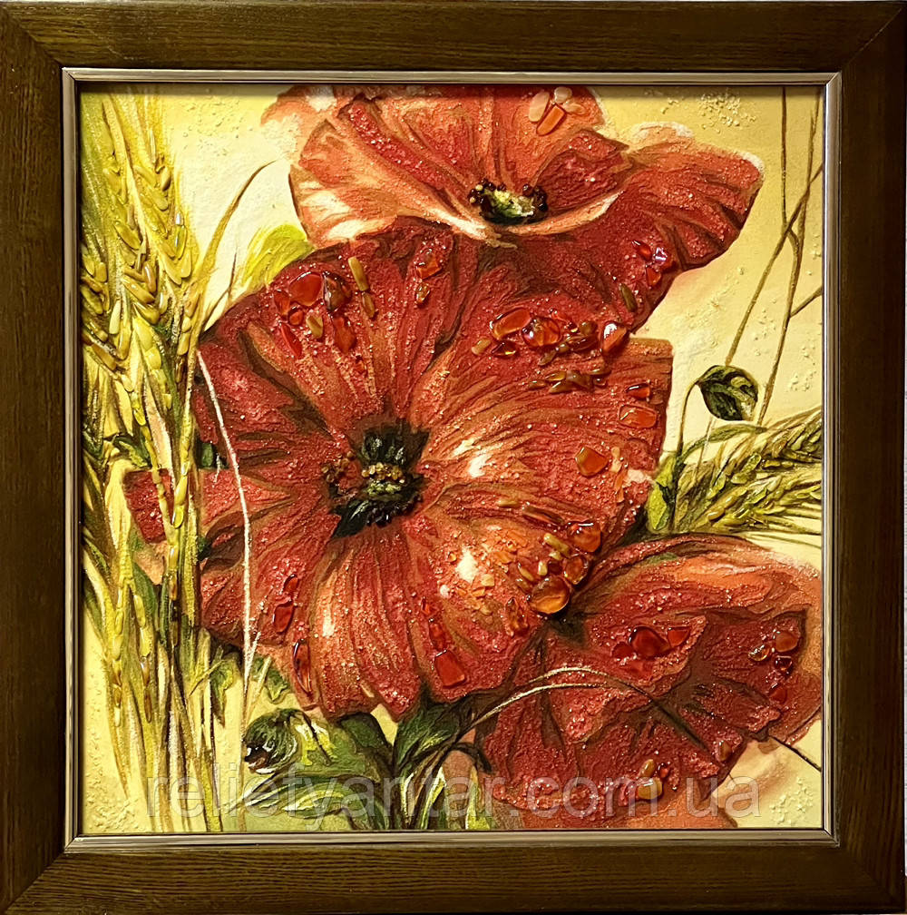 Картина из янтаря " Маки" , Картина з бурштину Маки 40x40 см