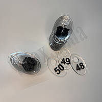 Комплект гардеробних номерків 1 - 50 | Прозорі | Овальні | Чорна цифра