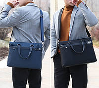 Мужская сумка для документов формат А4 офисная, мужской деловой портфель тканевый синий черный