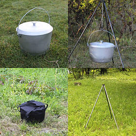 Комплект Казан 8л. + Чохол (Чорний/Зелений) + Тринога (Цілісна). Набір для відпочинку на природі