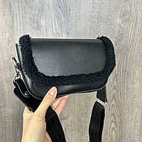 Женская мини сумочка клатч Барашек с натуральным мехом, маленькая сумка с меховой окантовкой баранчик Черный