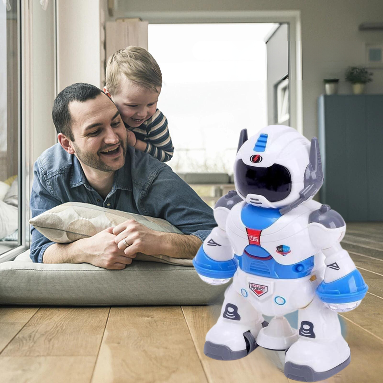 Інтерактивна дитяча іграшка танцюючий робот музичний зі світловими ефектами на батарейках біло-синій ТОП_TRS