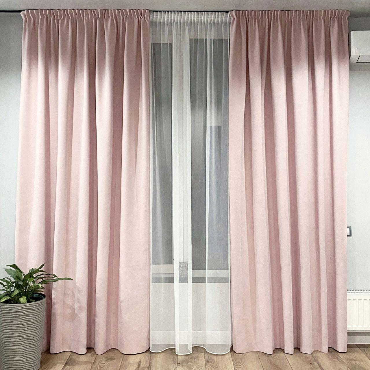 Комплект штори 2 шт 180х250 см мікровелюр Світло-рожевий, тюль бамбук 300 см Тепло-білий, фото 1