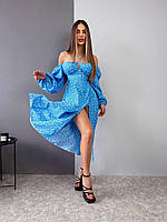 Стильное женское нарядное платье миди цветочный принт софт с длинным рукавом шнуровка на спине с разрезом VS Синий, 42/44