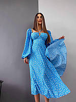 Стильное женское нарядное платье миди цветочный принт софт с длинным рукавом шнуровка на спине с разрезом VS Синий, 44/46