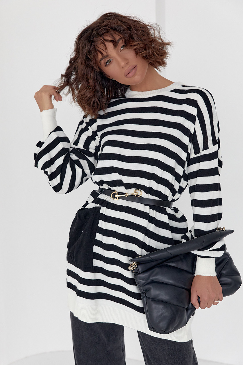 Туніка жіноча в смужку з кишенею — чорний колір, L (є розміри)