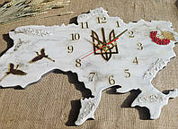 Часы настенные 50*32 см из эпоксидной смолы ручной работы "Карта Украины" с колосками и гербом