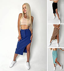 Жіноча джинсова спідниця міді красива довга з розрізом збоку, синя, чорна, бежева, фісташкова