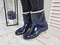 Ботинки полусапоги резиновые утепленные на флисе непромокаемые синие с серым, Размер 37 (23,5 см)