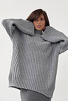 Женский вязаный свитер oversize в рубчик - серый цвет, L (есть размеры)