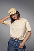 Хлопковая женская футболка с вышитой надписью - бежевый цвет, L (есть размеры)