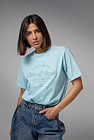 Хлопковая женская футболка с вышитой надписью - бирюзовый цвет, L (есть размеры)