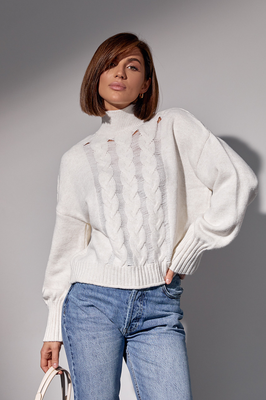 В'язаний жіночий светр із косами — молочний колір, L (є розміри)