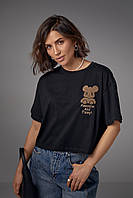 Укороченная футболка с медвежонком и надписью Awesome and Funny - черный цвет, L (есть размеры)