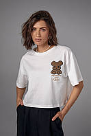Укороченная футболка с медвежонком и надписью Awesome and Funny - молочный цвет, L (есть размеры)