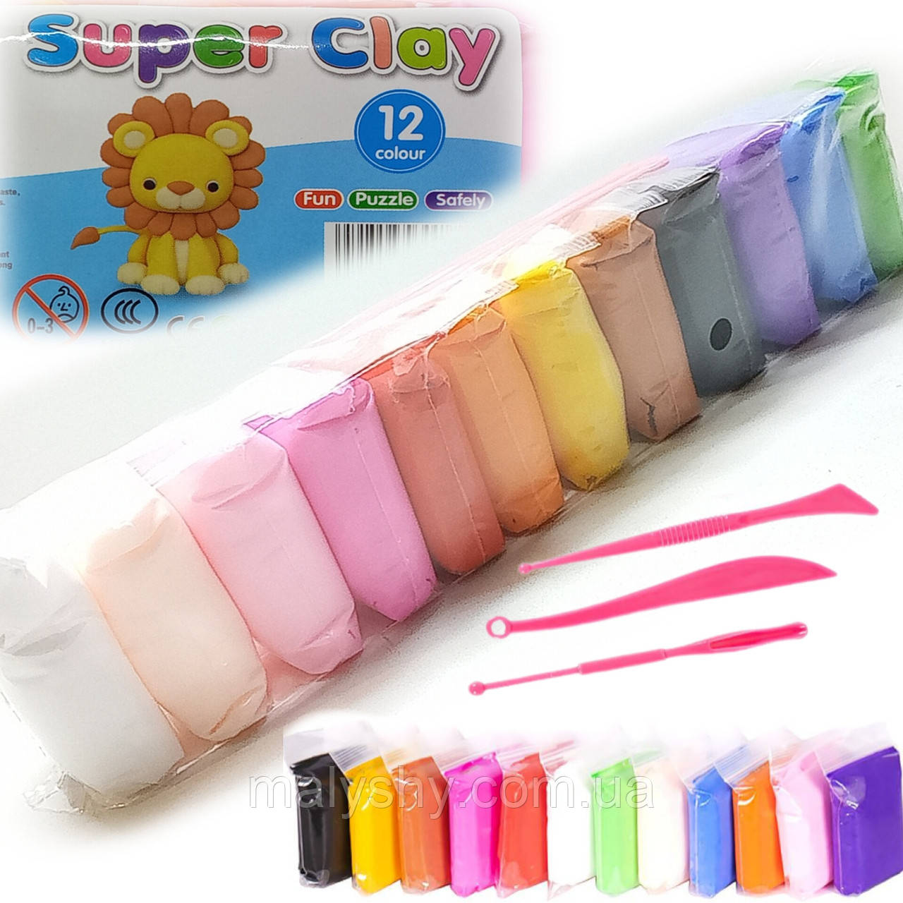 Моделін Super Clay / 12 кольорів / маса для ліплення (легкий