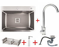 Мойка кухонная из нержавеющей стали Platinum Handmade 58*43 (3\1 мм) + смеситель, коландер и дозатор