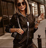 Жіноча легка шкіряна куртка-бомбер чорний, фото 4