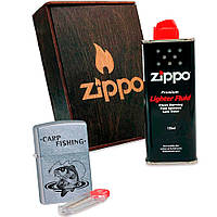 Подарочный набор Zippo Зажигалка 207 Carp CLASSIC street chrome + Коробка + Бензин 3141 + Кремни 2406