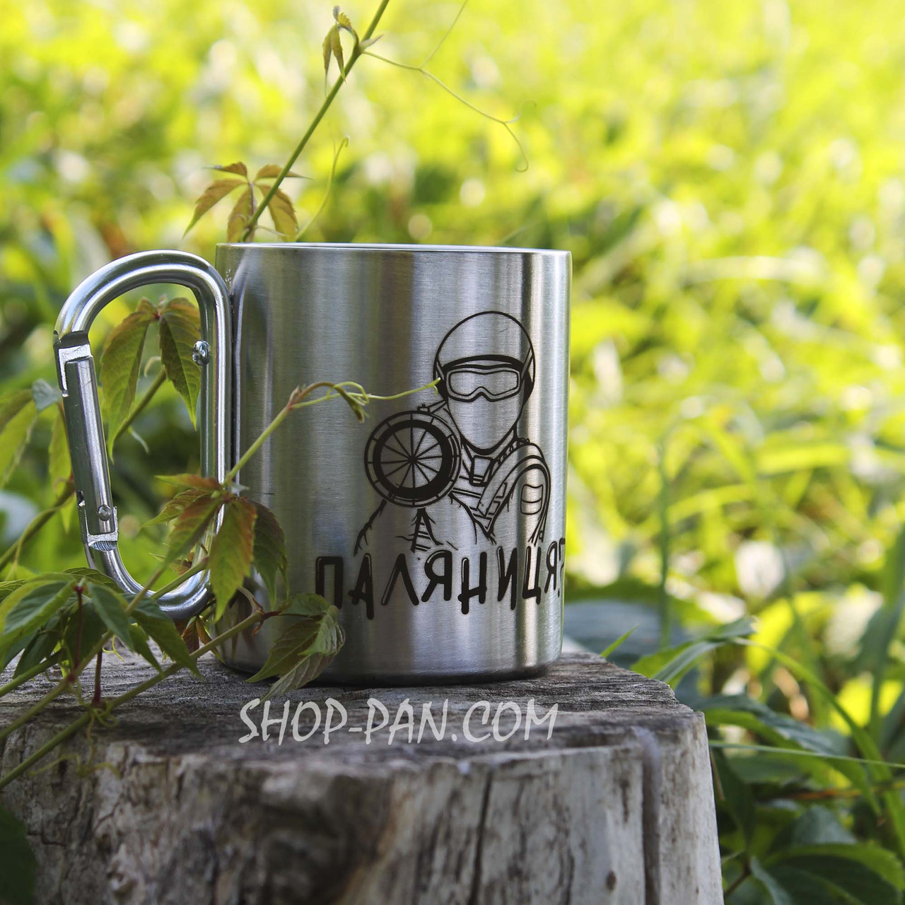 Металева чашка 250 мл із карабіном і гравіюванням — паляниця, фото 1