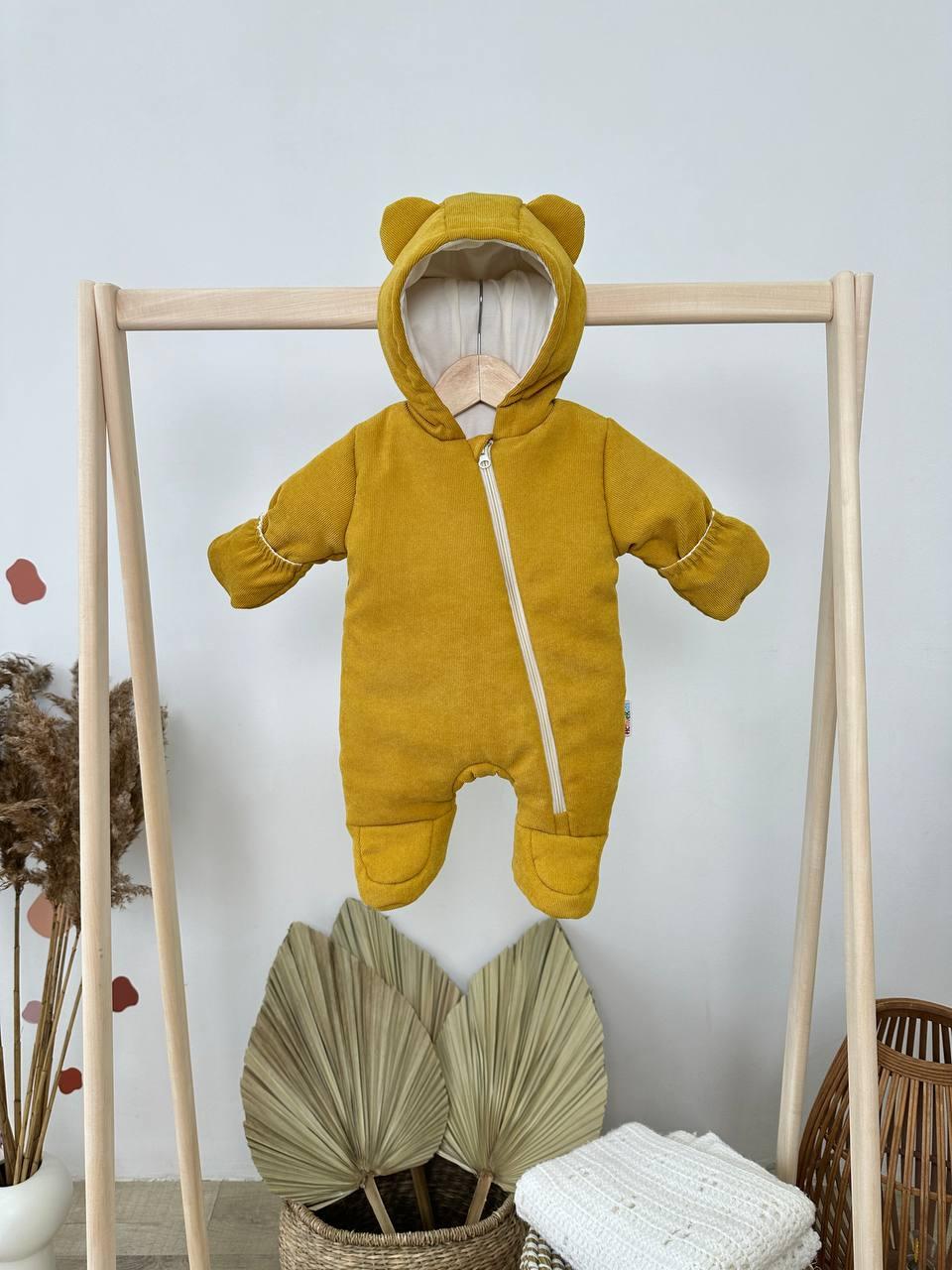Дитячий демісезонний весняний вельветовий комбінезон с капюшоном для новонародженого 62 68 74  см