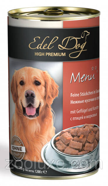 Edel Dog 400 г ніжні шматочки в соусі з птицею й морквою 400 г корм для собак у консерві