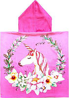 Дитячий пляжний рушник, пончо з капюшоном, з мікрофібри, 120х60см, рожевий колір, єдиноріг