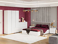 Современный белый модульный гарнитур мебели в спальню со шкафом и кроватью с мягкой спинкой Лайт