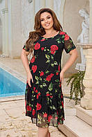 Женское летнее нарядное шифоновое платье ниже колен в цветочный принт батал