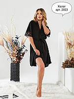 Черный женский халат с кружевом L\XL (46\48)