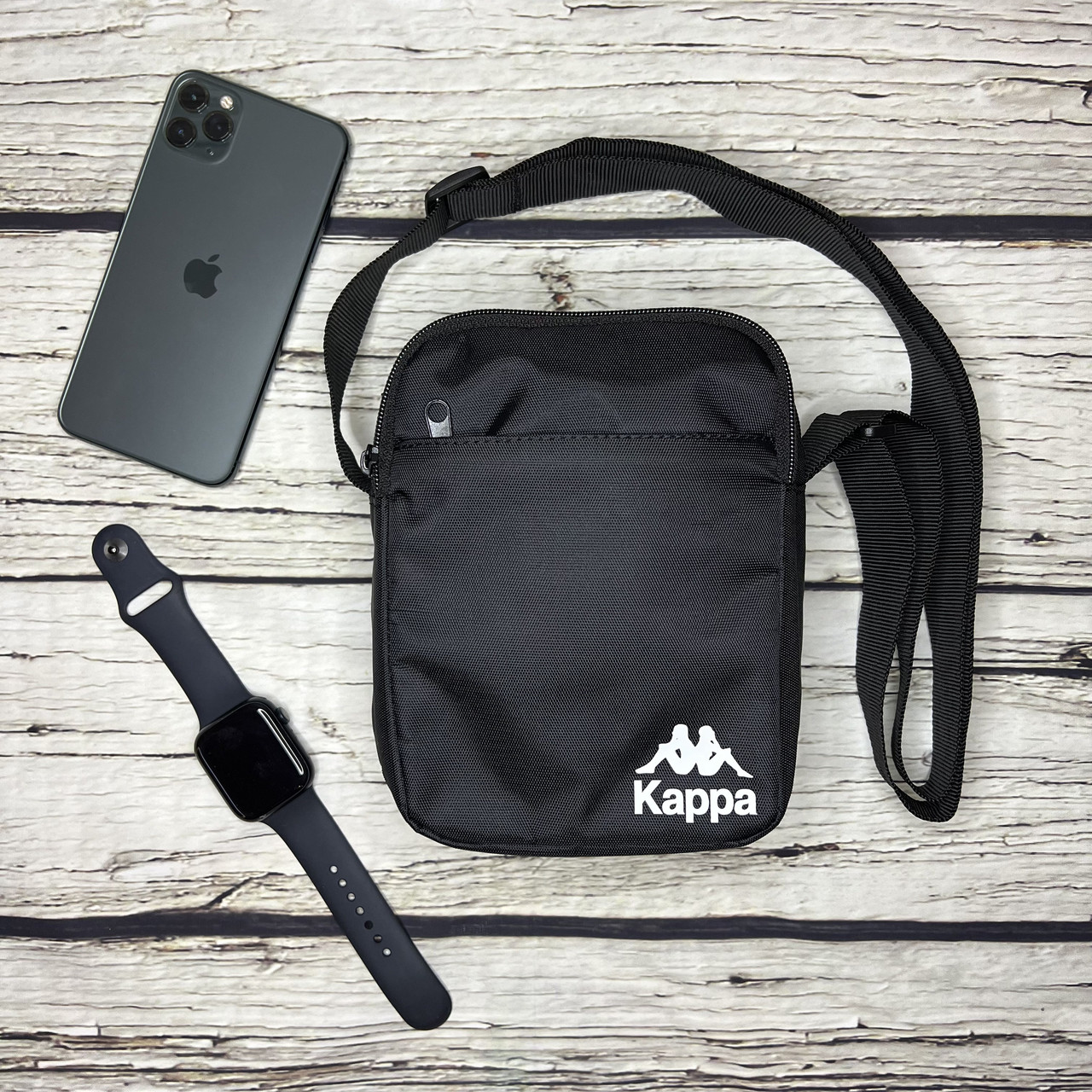 Сумка Kappa чорного кольору / Чоловіча спортивна сумка через плече Капа / Барсетка Kappa, фото 1