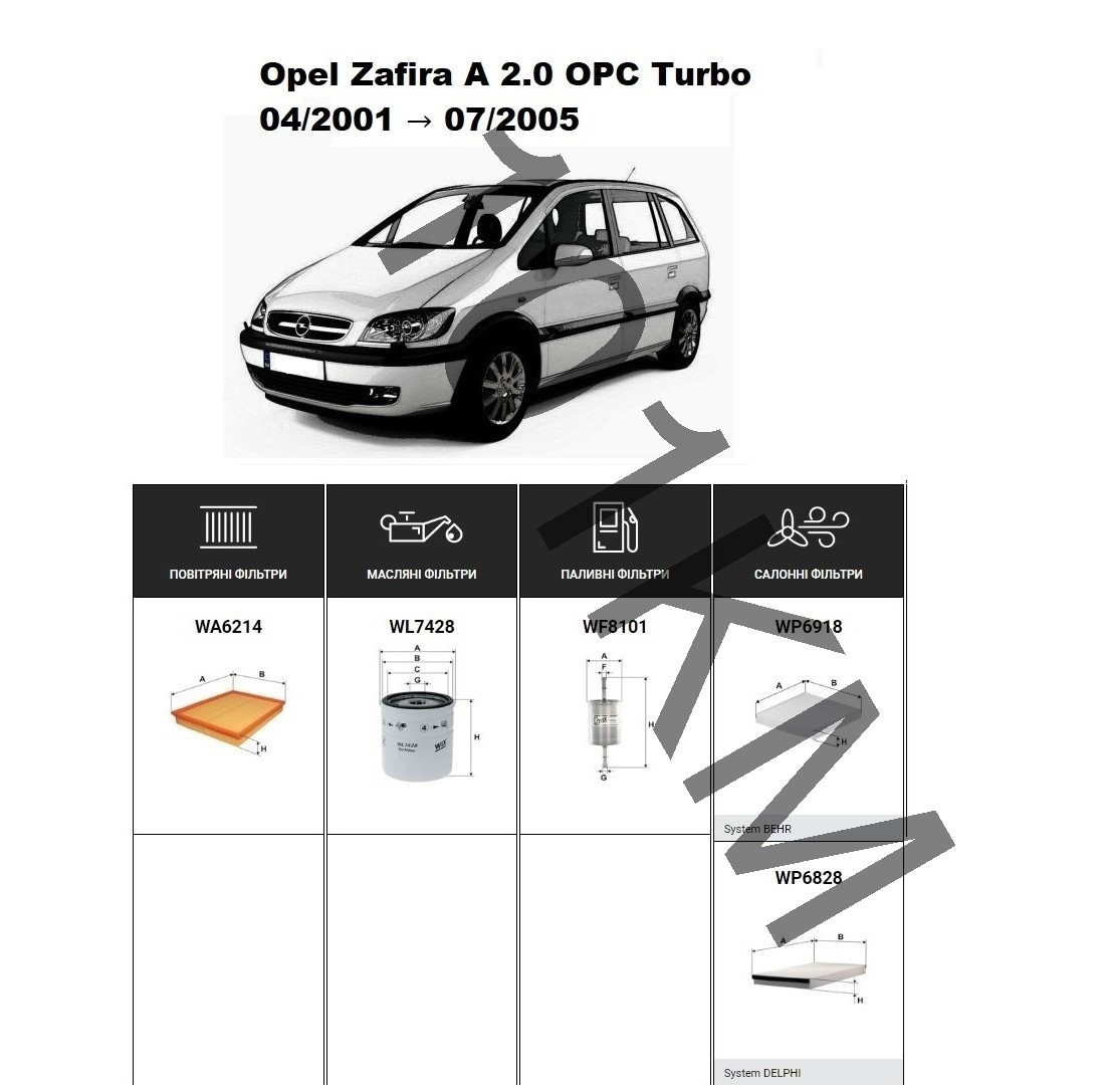 Комплект фільтрів Opel Zafira A 2.0 OPC Turbo (2001-2005) WIX