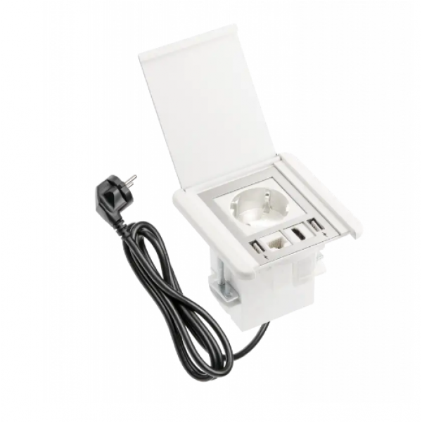 Подовжувач GTV врізний квадратний FLIP, 1xSCHUKO, 2xUSB A, 1xRJ45, 1xHDMI, кабель з вилкою 1,5м, білий(AE-GM1SSLI-10)