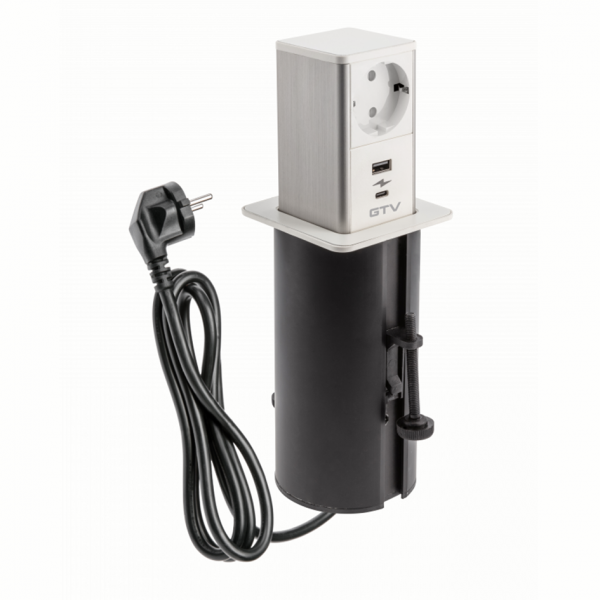 Подовжувач GTV врізний-висувний квадратний TOWER, 1xSCHUKO, 1xUSB A, 1xTYPE-C, кабель 1,5м, білий/інокс (AE-GMW1STOW-10)