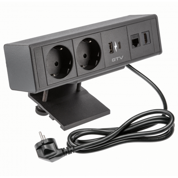 Подовжувач GTV прямокутний накладний BAR, 2xSCHUKO, 1xUSB A, 1xTYPE-C, 1xRJ45, 1xHDMI, кабель з вилкою 1,5м, чорний