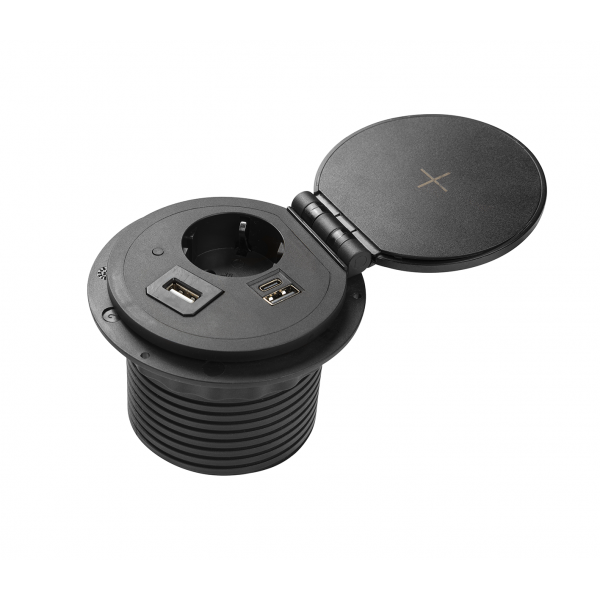 Подовжувач вбудований GTV CHARGER PLUS індукційна зарядка , 1 роз. schuko, USB A+C, HDMI, RJ45, 1,5 м, чорний