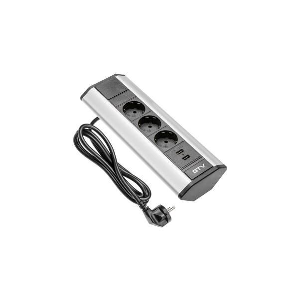 Подовжувач для офісу GTV AE-PBKT3S2U-80, кутовий, 3 x гнізда SCHUKO, 2xUSB 2.1A 5V, срібний