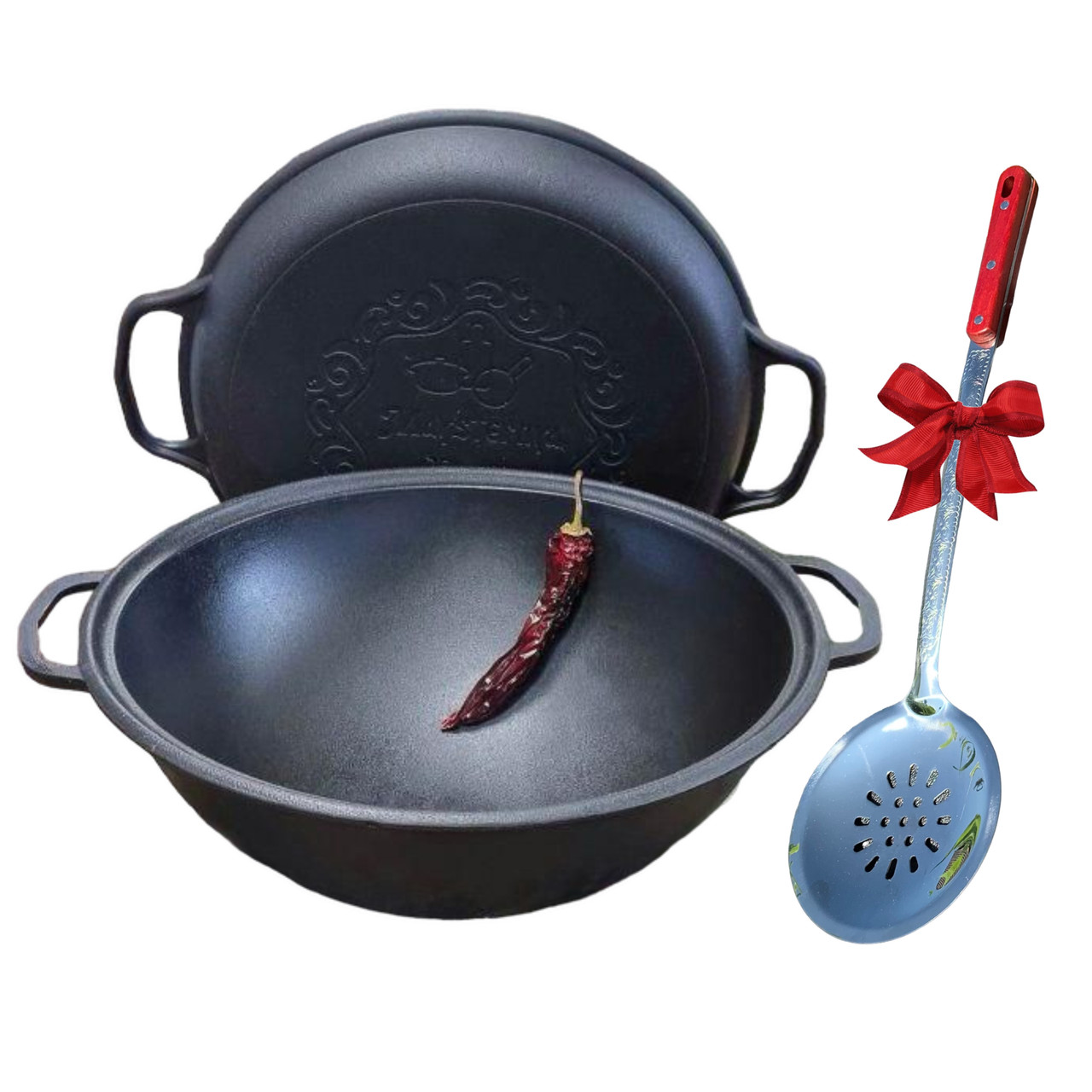 Казан чавунний узбецький об`ємом 12 л WOK із кришкою-сковородою та шумівкою "Наша Майстерня" (товстостінний), фото 1