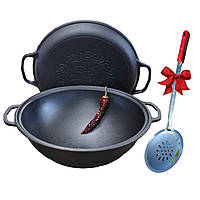Казан чавунний узбецький об`ємом 12 л WOK із кришкою-сковородою та шумівкою "Наша Майстерня" (товстостінний)