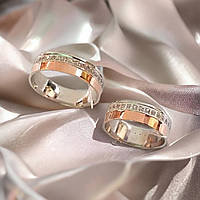 Серебряные обручальные кольца с золотыми пластинами и фианитами Пара