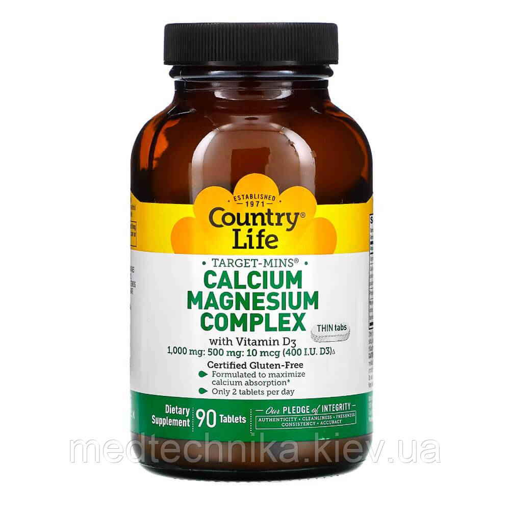 Кальцій-Магній-Цинк + вітамін D3, 90 таблеток, Country Life, фото 1
