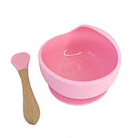 Силиконовая тарелка на присоске с деревянной ложкой Mega Zayka MGZ-0103(Pink) 300 мл, World-of-Toys