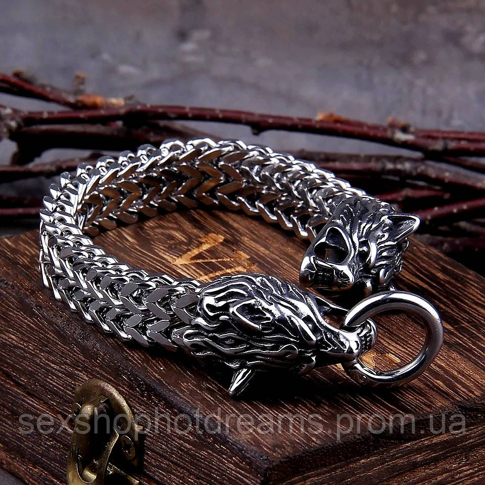 Чоловічий браслет з ювелірної сталі в скандинавському стилі "S&Wolf"+ авторська коробка "Vikings"